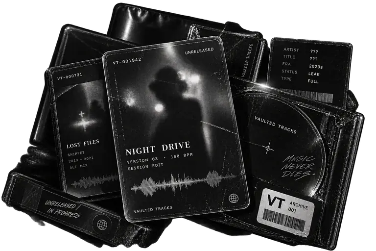 A stack of scratched archive cards, a disc, and a tape. Night Drive is marked VT-001842, unreleased, version 03.